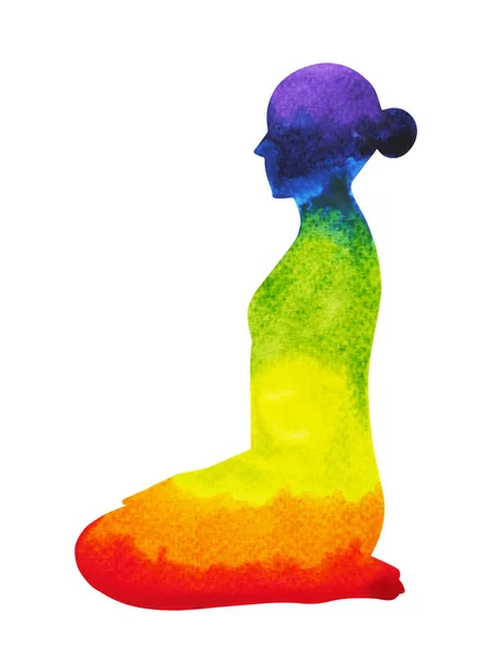 Diamond pose yoga, 7 färg Chakra akvarellmålning handritad illustration — Stockfoto