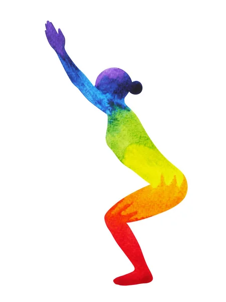 Silla pose yoga, 7 color chakra acuarela pintura dibujado a mano ilustración —  Fotos de Stock