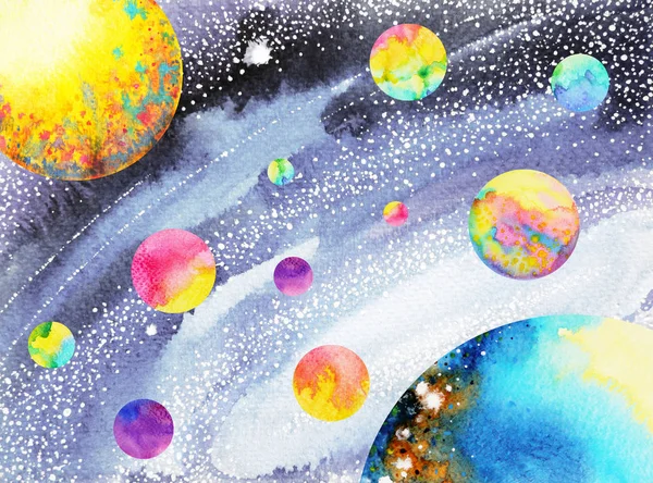 Barevná sluneční soustava ve vesmíru kresba akvarel — Stock fotografie