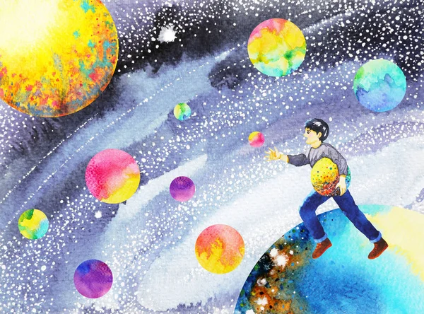 Pegar seus sonhos, menino feliz correndo para o sucesso na pintura aquarela universo — Fotografia de Stock