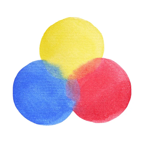 3 원색, 파랑 빨강 노랑 수채화 그림 원형 라운드 — 스톡 사진