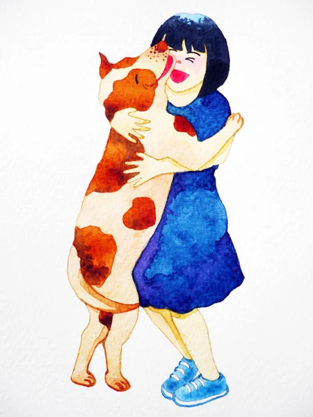 犬を抱きしめる女の子愛ペット水彩画手描きイラスト — ストック写真