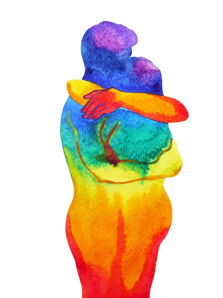 情侣恋人拥抱在彩虹宇宙抽象自由心灵水彩画 — 图库照片