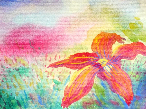 Grande flor vermelha em primeiro plano e colorido campo céu fundo aquarela pintura — Fotografia de Stock