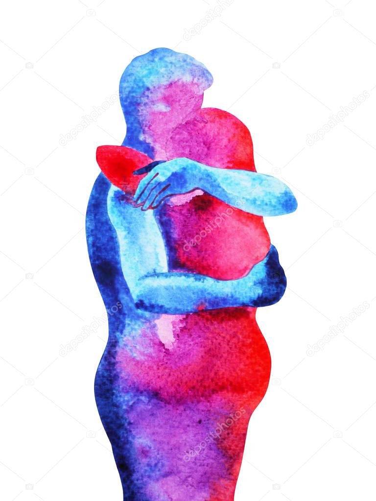 Red, blue man, woman couple lover watercolor painting hand drawn
