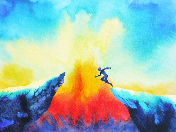 Man jumping leap over to success power, abstract world universe watercolor painting