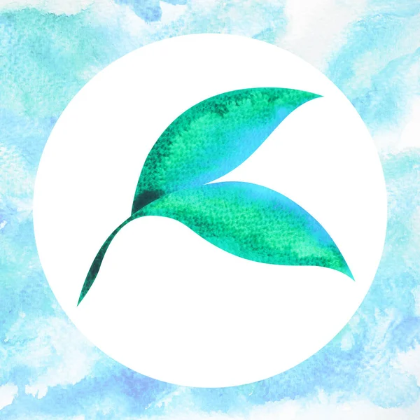 Green leaf, tea herbal logo symbol icon on blue sky background, watercolor painting