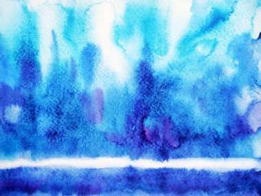 Soyut mavi dalga deniz okyanus arka plan, sisli gökyüzü suluboya boyama