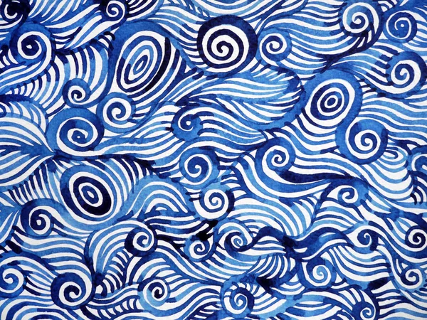 Abstraktní modrý bílý spirální vlnobití mořský oceán akvarel kreslené ruce — Stock fotografie