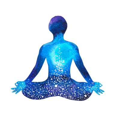 Çakra insan lotus poz yoga, soyut dünya, evren, suluboya boyama