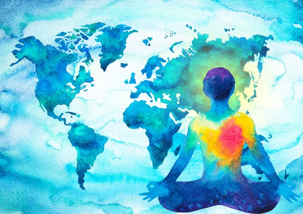 Resumen humano meditador chakra universo poder mapa del mundo fondo —  Fotos de Stock