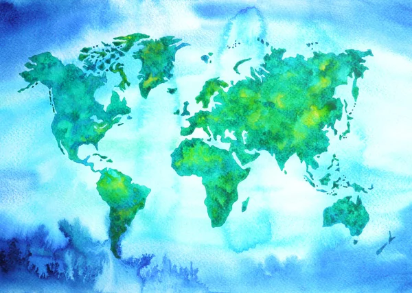 Παγκόσμιος χάρτης μπλε πράσινο χρώμα ακουαρέλα ζωγραφική σε χαρτί χέρι που — Φωτογραφία Αρχείου