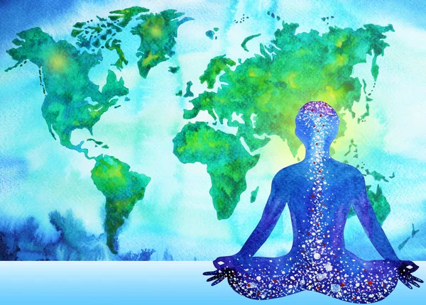 Resumen humano meditador chakra universo poder mapa del mundo fondo — Foto de Stock