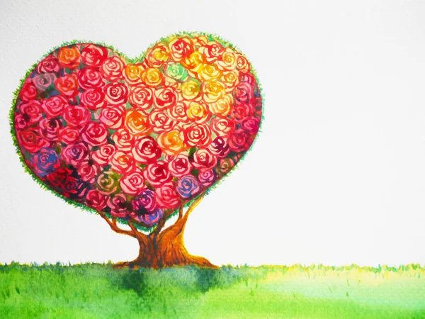 Liefde hart boom landschap concept, aquarel schilderij illustratie ontwerp — Stockfoto