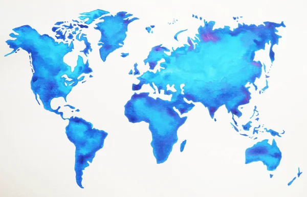 Dibujo de la mano del mapa del mundo, estilo de pintura de acuarela, diseño de ilustración, tono azul — Foto de Stock