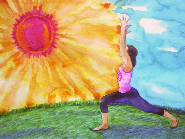 sun salutation, surya namaskara, warrior 1 yoga pose, watercolor painting