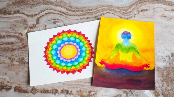 chakra human lotus pose yoga abstract mind mental power watercolor painting illustration design hand drawing selected focus