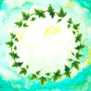 Sarmaşık çiçekli yaprak şablonu çerçevesi suluboya resim tasarımı arka plan düğün davetiyesi dekorasyon sanat deseni