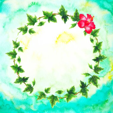 hibiscus sarmaşık çiçek yaprağı şablonu çerçevesi suluboya resim tasarım kartı arka plan düğün davetiyesi dekorasyon sanat deseni