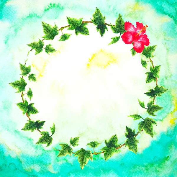 hibiscus sarmaşık çiçek yaprağı şablonu çerçevesi suluboya resim tasarım kartı arka plan düğün davetiyesi dekorasyon sanat deseni