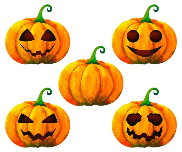 Set Pompoen Halloween Aquarel Schilderen Illustratie Ontwerp Wit Geïsoleerde Clipping — Stockfoto