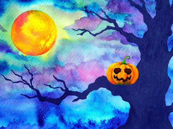 Pompoen Halloween Nacht Achtergrond Volle Maan Aquarel Schilderen Illustratie Ontwerp — Stockfoto