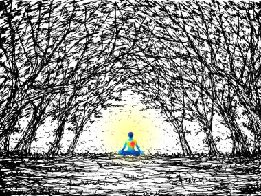 Ağaç ormanlarında insan zihni ruhsal meditasyonu suluboya el resmi çizimi tasarımı