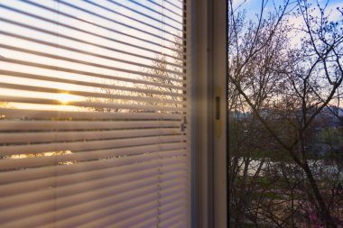 Camda yansıması olan kapalı plastik panjurlar.