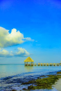 Tropikal beyaz kumlu plaj. Palmiye yaprağı çatılı ahşap iskele sahilde gazebo ile. La Romana, Dominik Cumhuriyeti. 