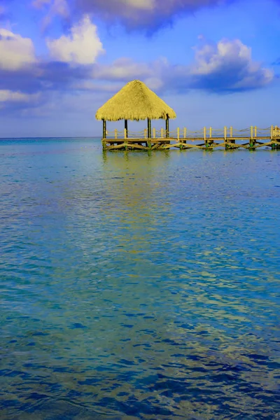 Tropikal beyaz kumlu plaj. Palmiye yaprağı çatılı ahşap iskele sahilde gazebo ile. La Romana, Dominik Cumhuriyeti. 