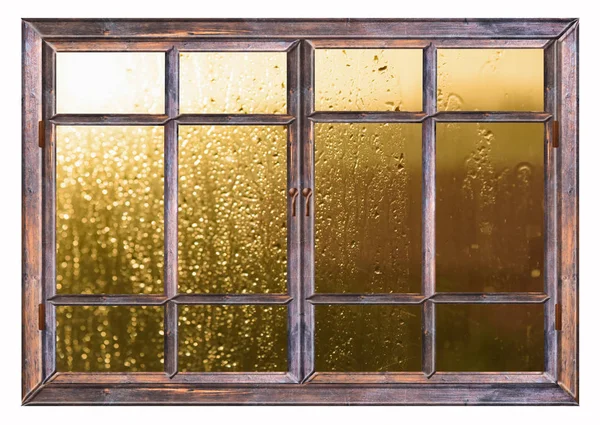 Widok Okna Zasłony Różowe Pogoda Deszcz Przez Szybę Kropli — Zdjęcie stockowe