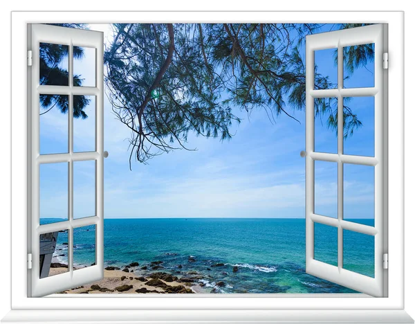 Καλοκαιρινή Ηλιόλουστη Μέρα Θέα Από Παράθυρο Στην Παραλία Δέντρο — Φωτογραφία Αρχείου