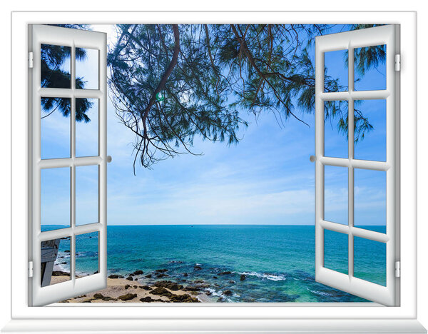 summer sunny day the view from the window on the sea beach with  tree