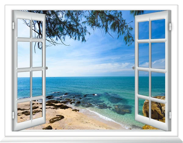 Sommar Solig Dag Utsikten Från Fönstret Havet Stranden Med Träd — Stockfoto