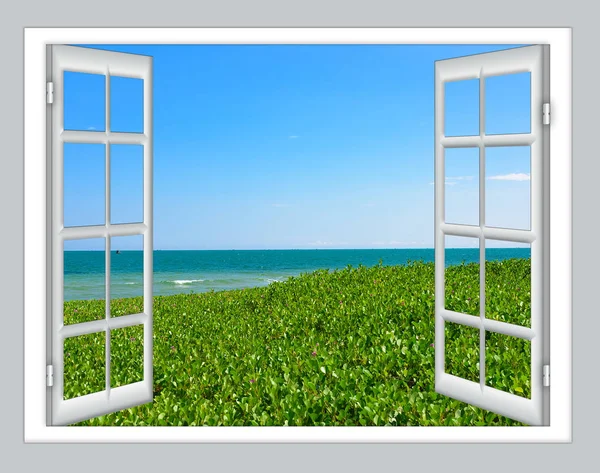 Letní Slunečný Den Výhled Okna Mořskou Pláž Stromem — Stock fotografie