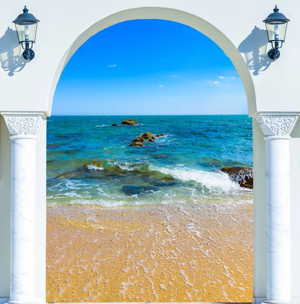 Houten Open Deur Arch Uitzicht Het Strand Caribische Zee — Stockfoto