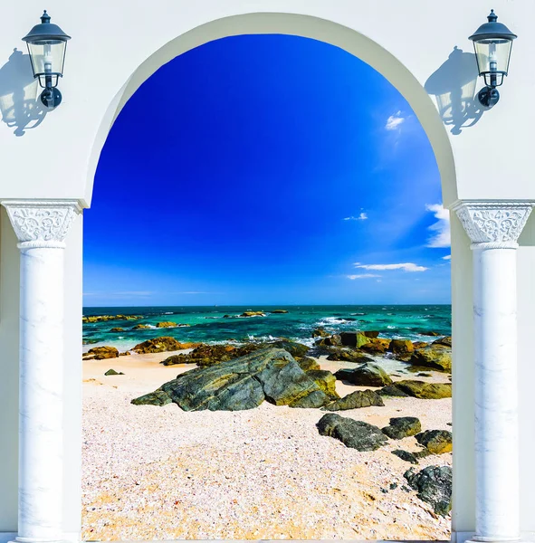 Wooden Open Door Arch View Beach Caribbean Sea — Stock Photo, Image