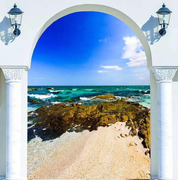 Wooden Open Door Arch View Beach Caribbean Sea — Stock Photo, Image