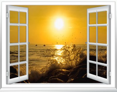 Perdeler açık ile pencere deniz manzarası üzerinde güzel gün batımı