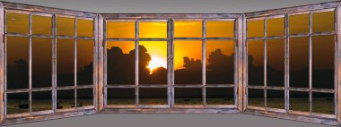 Perdeler açık ile pencere deniz manzarası üzerinde güzel gün batımı