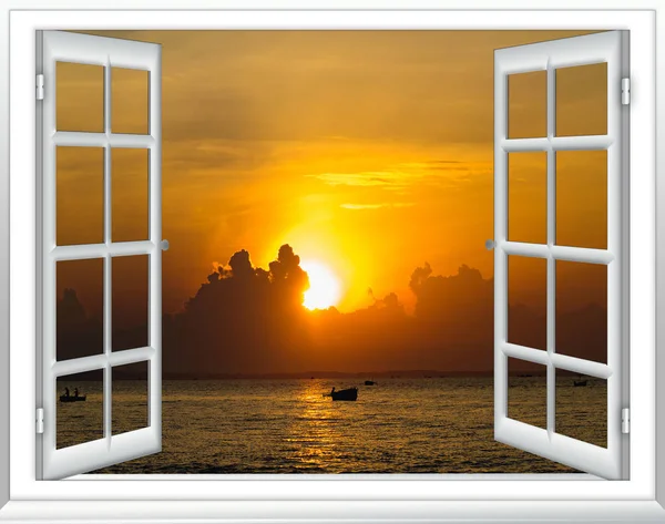 Beautiful Sunset Sea View Window Curtains Open — Stock Photo, Image