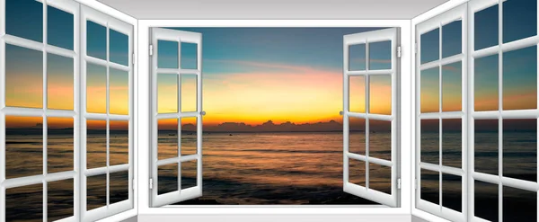 Mooie Zonsondergang Zee Uitzicht Uit Het Raam Met Gordijnen Open — Stockfoto