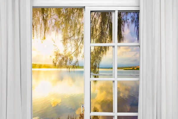 View Window Curtains Sunset Water — Stock Photo, Image