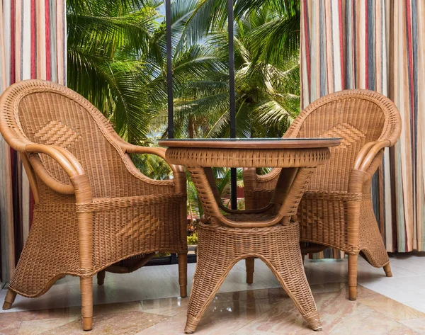 Paradise Hotel View Window Palm Trees Beach Furniture Rattan — Stock Photo, Image