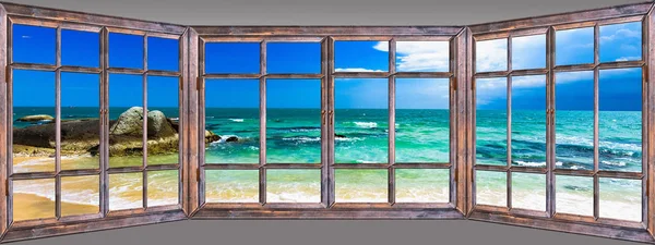 Ocean View Cennet Güneşli Yaz Günü Adada Penceresinden — Stok fotoğraf