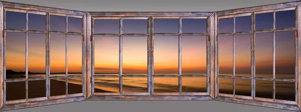 Beautiful Sunset Sea View Window Curtains Open — Stock Photo, Image