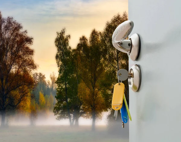 Orman Güneş Bakan Kapı Kolu Anahtarları Konservatuar Açmak — Stok fotoğraf