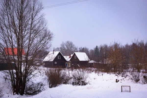 Mały Dom Wioska Zima Śnieg Szron Wsi — Zdjęcie stockowe