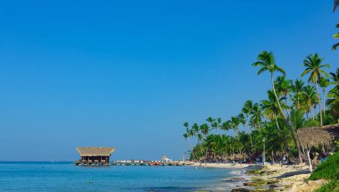 Karayipler 'in sahil kenarı palmiye ağaçlarının çatısı denize açılıyor.