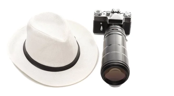 Vecchia Macchina Fotografica Con Grande Obiettivo Cappello Sfondo Bianco — Foto Stock